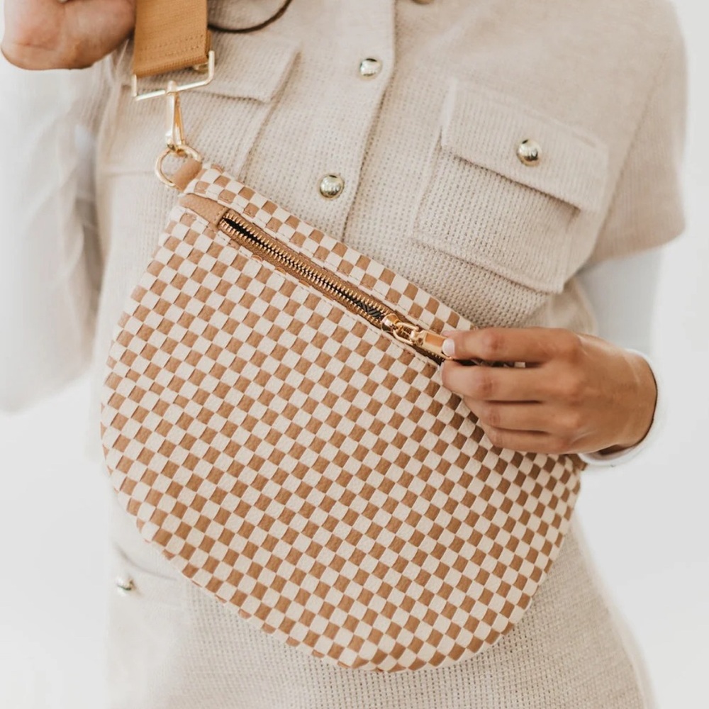 NEW Checkered Woven Bum Bag-Tan